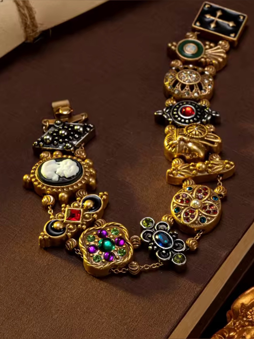 Vintage Art Deco Charm Bracelet | Antique Gold Statement Bracelet | Colorful - Picture 8 of 12